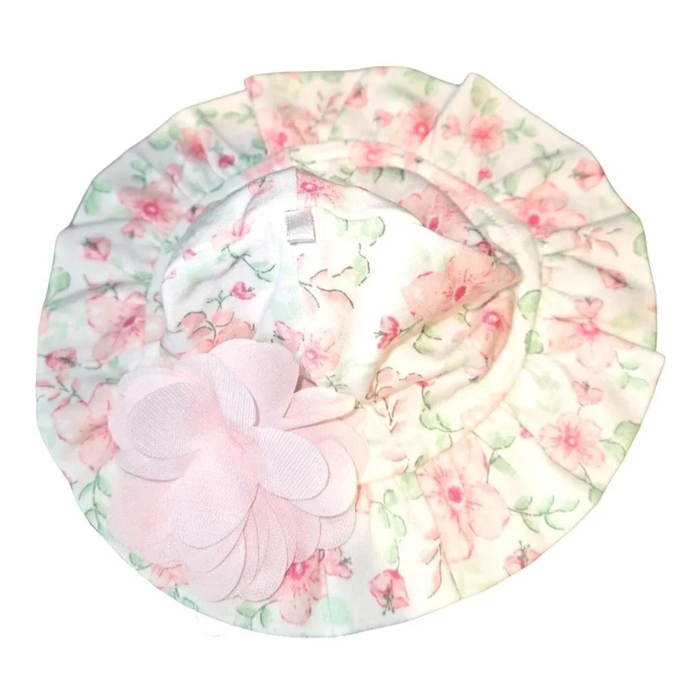 Carters Floral Sun Hat 6M Ruffles Flower‎ Applique Bonnet Cap Pink Green NEW